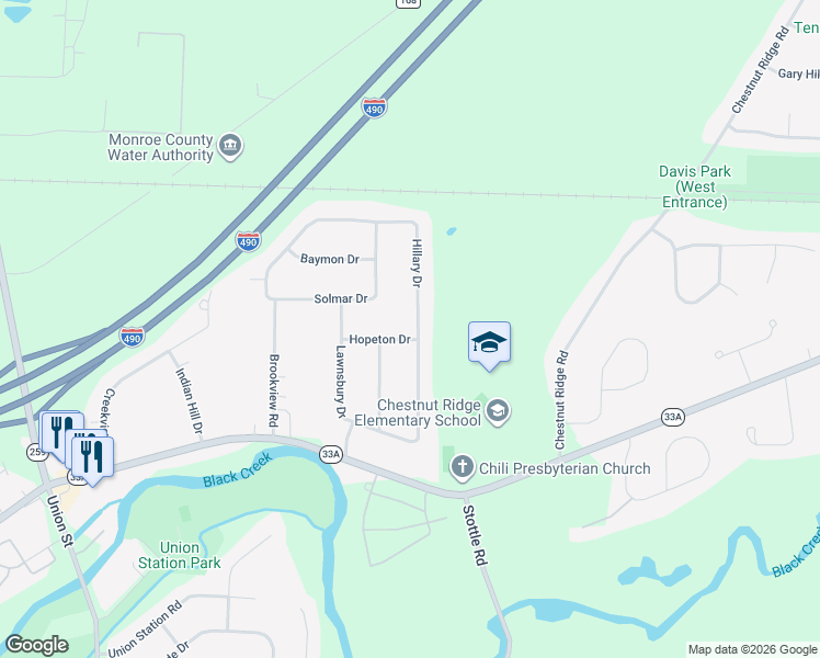 map of restaurants, bars, coffee shops, grocery stores, and more near 105 Hillary Drive in Rochester