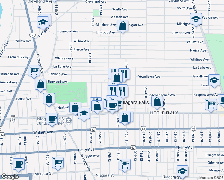 map of restaurants, bars, coffee shops, grocery stores, and more near 835 17th Street in Niagara Falls