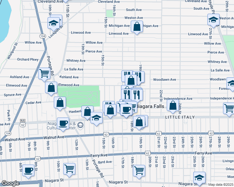 map of restaurants, bars, coffee shops, grocery stores, and more near 835 16th Street in Niagara Falls