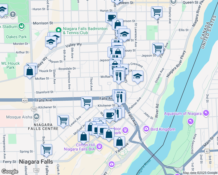 map of restaurants, bars, coffee shops, grocery stores, and more near in Niagara Falls
