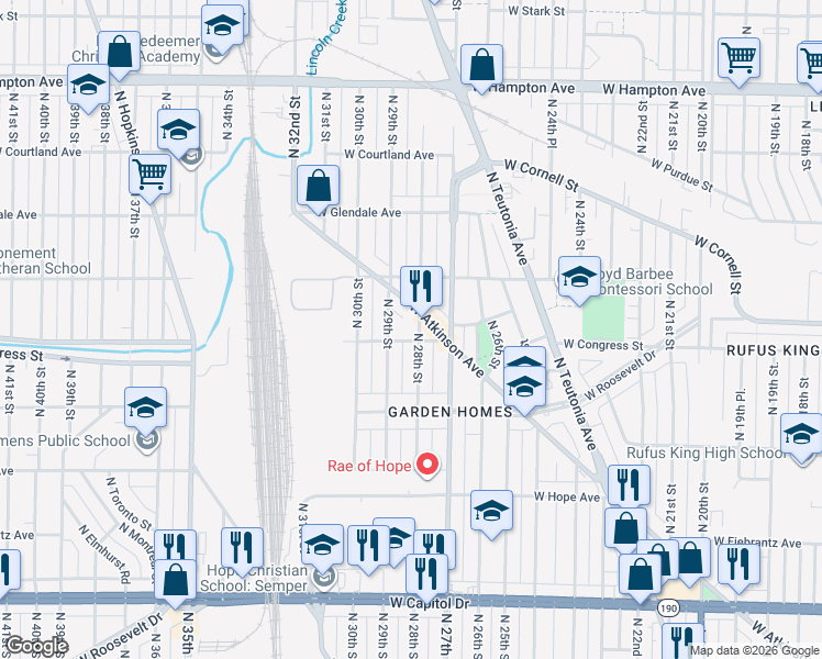map of restaurants, bars, coffee shops, grocery stores, and more near 4444 North 28th Street in Milwaukee