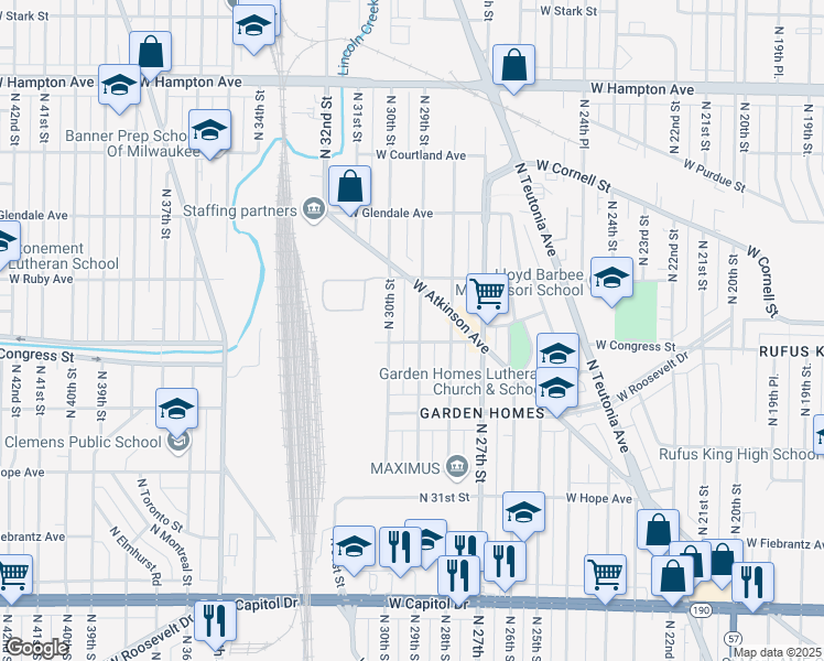 map of restaurants, bars, coffee shops, grocery stores, and more near 4435 North 29th Street in Milwaukee