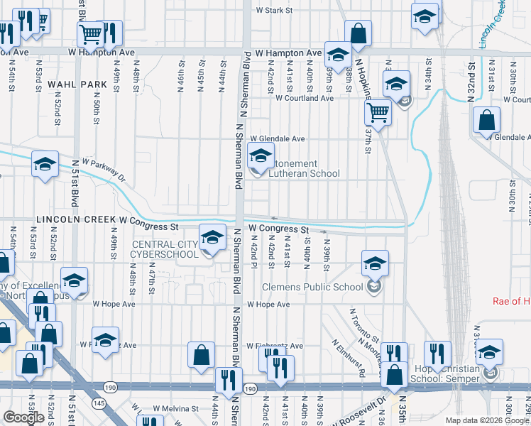 map of restaurants, bars, coffee shops, grocery stores, and more near 4223 West Beethoven Place in Milwaukee