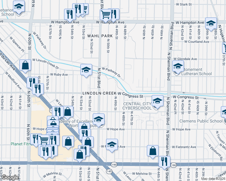 map of restaurants, bars, coffee shops, grocery stores, and more near 4439 North 49th Street in Milwaukee