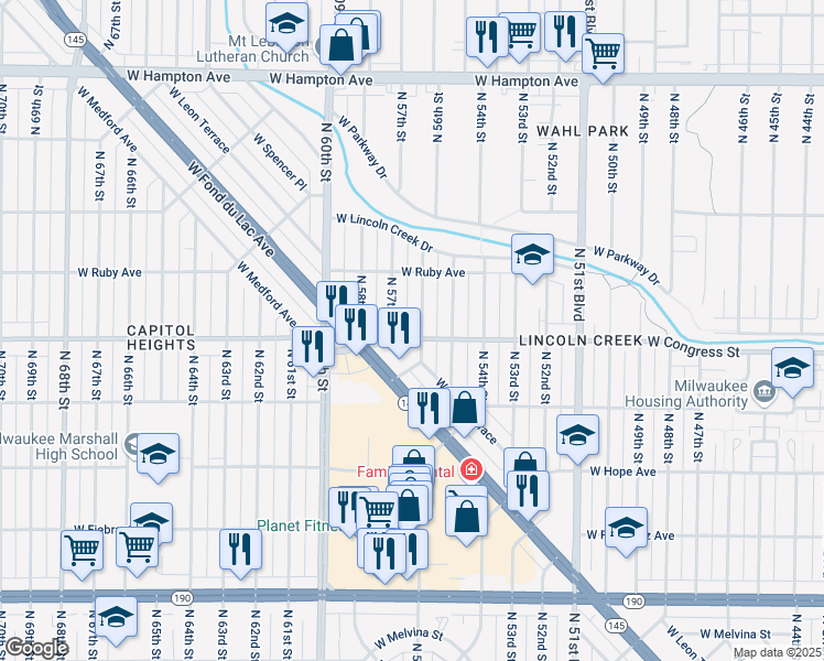 map of restaurants, bars, coffee shops, grocery stores, and more near 4428 North 57th Street in Milwaukee