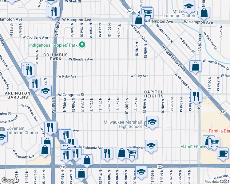 map of restaurants, bars, coffee shops, grocery stores, and more near 4426 North 70th Street in Milwaukee