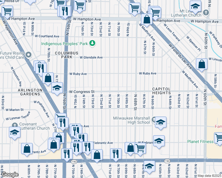 map of restaurants, bars, coffee shops, grocery stores, and more near 4430 North 71st Street in Milwaukee