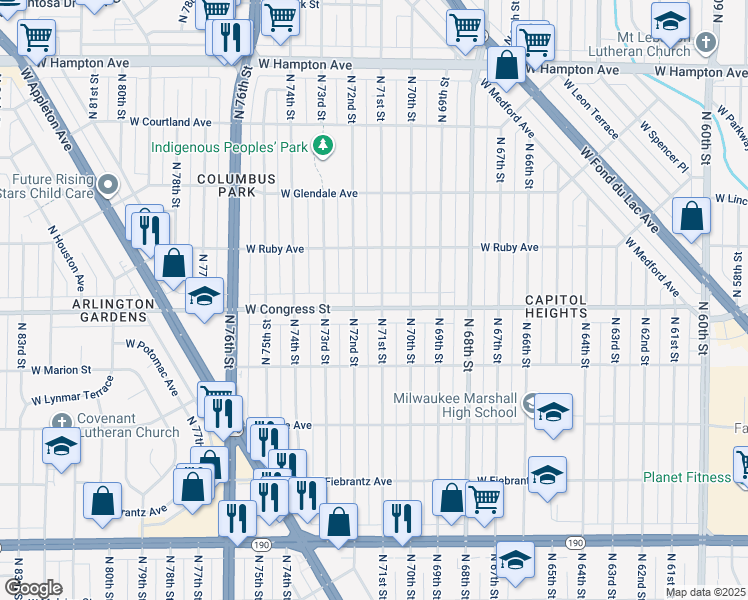 map of restaurants, bars, coffee shops, grocery stores, and more near 4430 North 71st Street in Milwaukee
