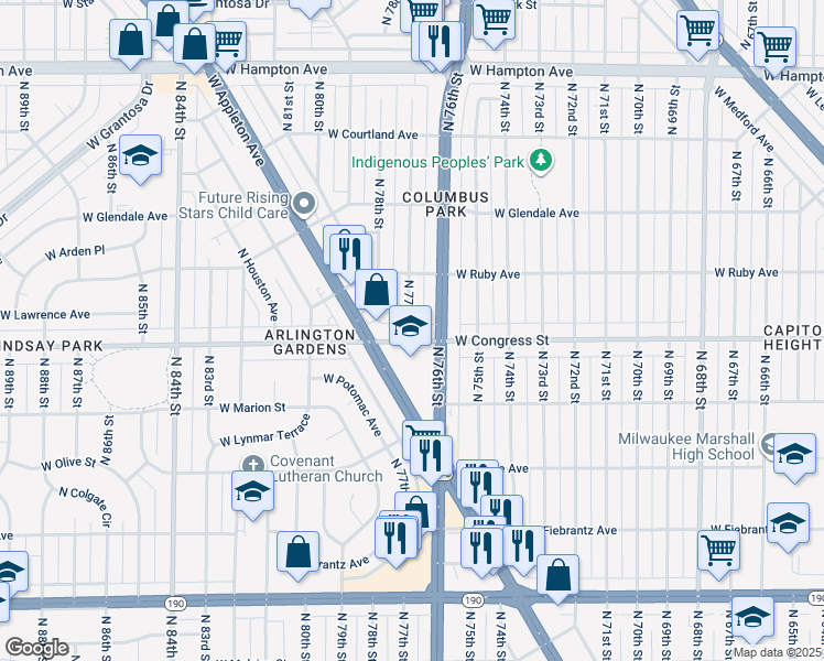 map of restaurants, bars, coffee shops, grocery stores, and more near 4432 North 77th Street in Milwaukee