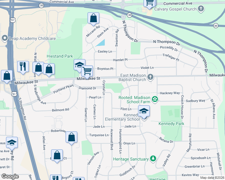 map of restaurants, bars, coffee shops, grocery stores, and more near 5 Crystal Lane in Madison