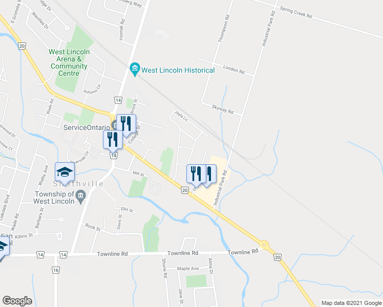 map of restaurants, bars, coffee shops, grocery stores, and more near Dennis Drive in Smithville
