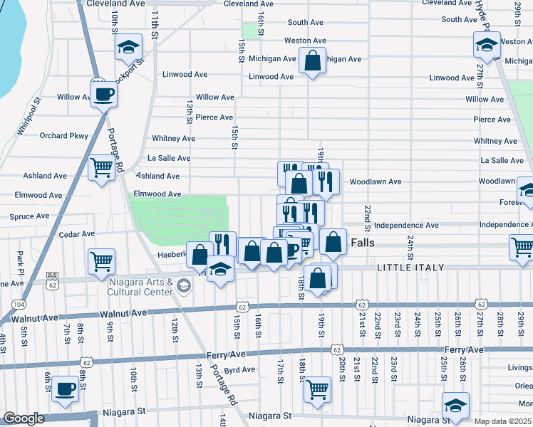 map of restaurants, bars, coffee shops, grocery stores, and more near 835 16th Street in Niagara Falls