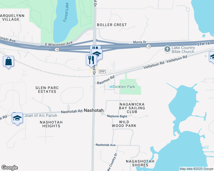 map of restaurants, bars, coffee shops, grocery stores, and more near N43w32933 Rasmus Road in Nashotah