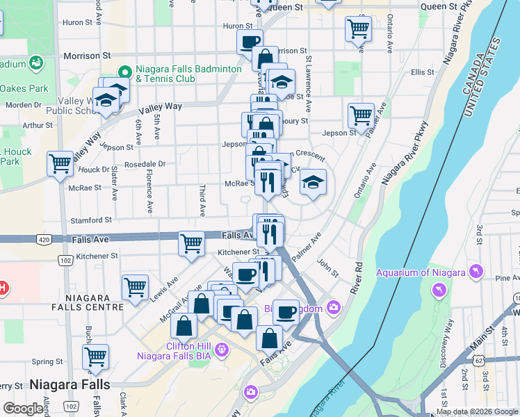 map of restaurants, bars, coffee shops, grocery stores, and more near 5319 Victoria Avenue in Niagara Falls