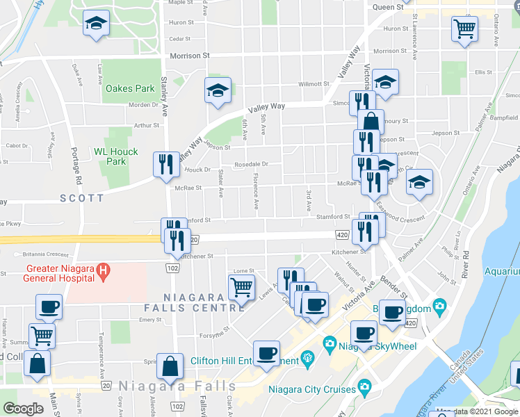 map of restaurants, bars, coffee shops, grocery stores, and more near 5298 Florence Avenue in Niagara Falls