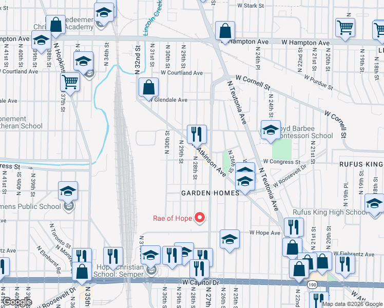 map of restaurants, bars, coffee shops, grocery stores, and more near 4444 North 28th Street in Milwaukee