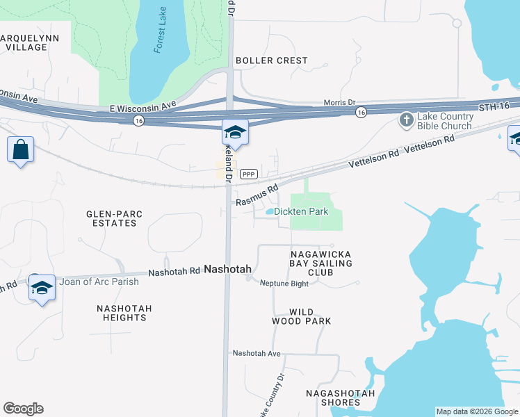 map of restaurants, bars, coffee shops, grocery stores, and more near N43w32933 Rasmus Road in Nashotah