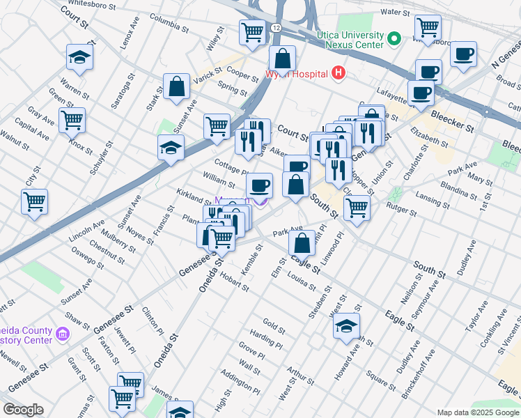 map of restaurants, bars, coffee shops, grocery stores, and more near 310 Genesee Street in Utica