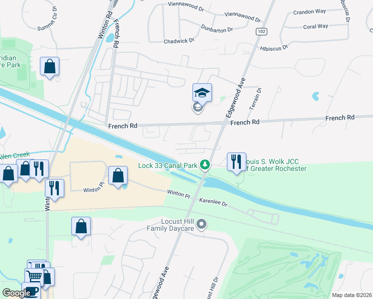 map of restaurants, bars, coffee shops, grocery stores, and more near 1133 Edgewood Avenue in Rochester