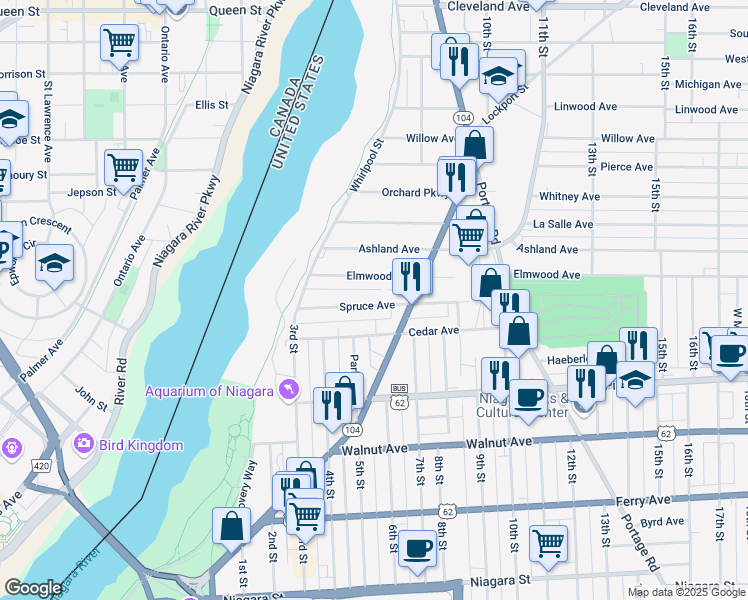 map of restaurants, bars, coffee shops, grocery stores, and more near 621 Elmwood Avenue in Niagara Falls