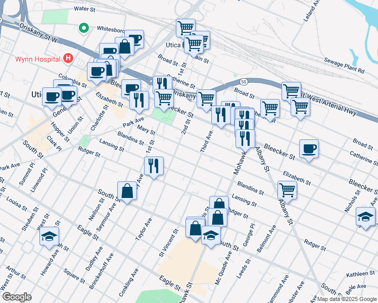map of restaurants, bars, coffee shops, grocery stores, and more near 518 Mary Street in Utica