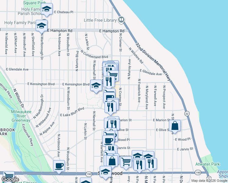map of restaurants, bars, coffee shops, grocery stores, and more near 4474 North Oakland Avenue in Shorewood