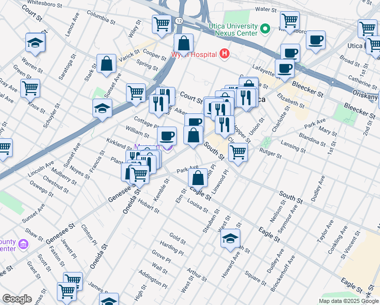 map of restaurants, bars, coffee shops, grocery stores, and more near 300 Genesee St in Utica