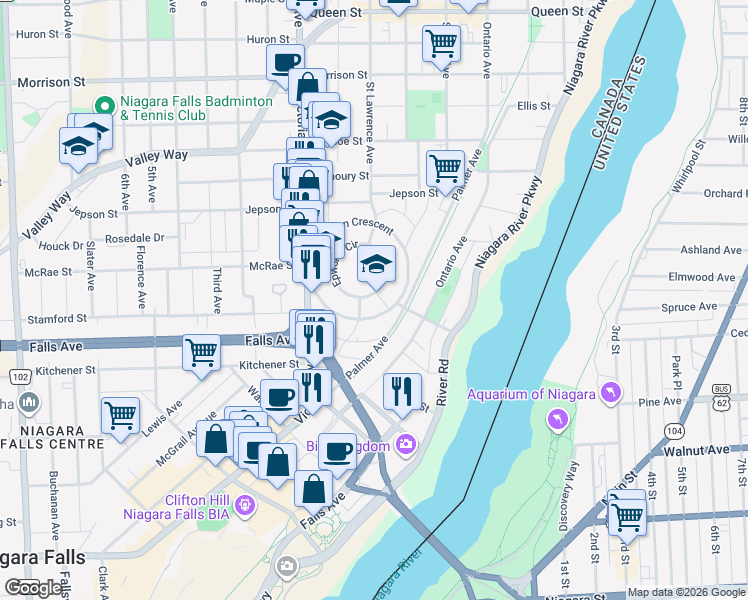 map of restaurants, bars, coffee shops, grocery stores, and more near 4710 Epworth Circle in Niagara Falls