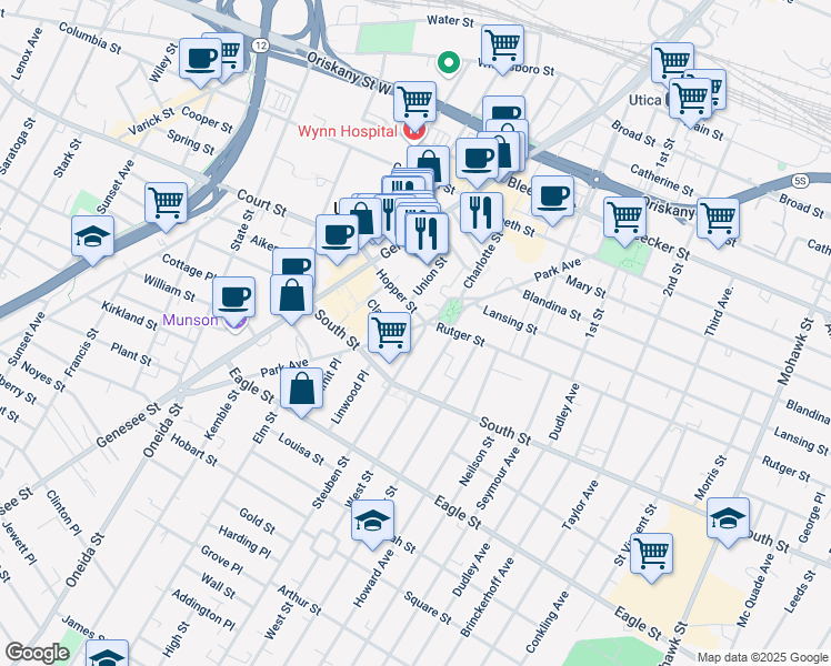 map of restaurants, bars, coffee shops, grocery stores, and more near 22 Steuben Park in Utica
