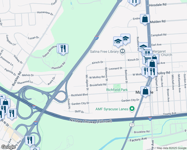map of restaurants, bars, coffee shops, grocery stores, and more near 319 Leonard Street in Syracuse