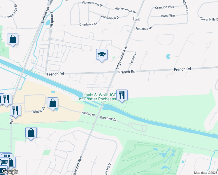 map of restaurants, bars, coffee shops, grocery stores, and more near 1121 Edgewood Avenue in Rochester
