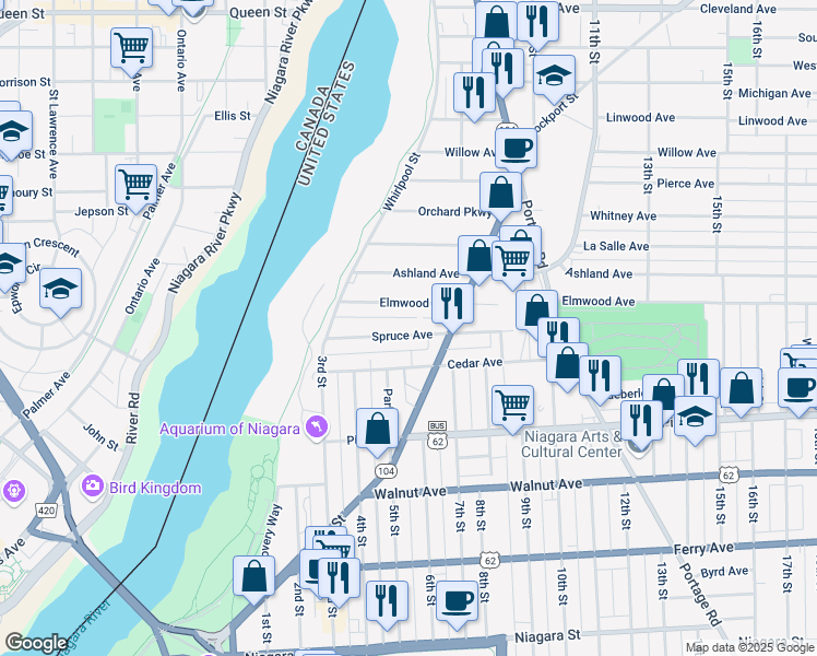 map of restaurants, bars, coffee shops, grocery stores, and more near 621 Elmwood Avenue in Niagara Falls