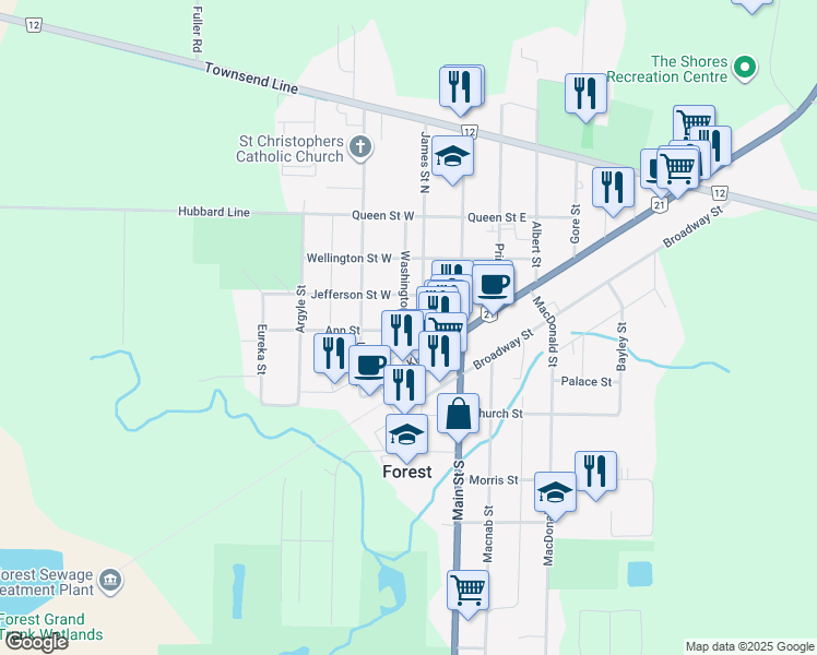 map of restaurants, bars, coffee shops, grocery stores, and more near 14 James Street North in Forest