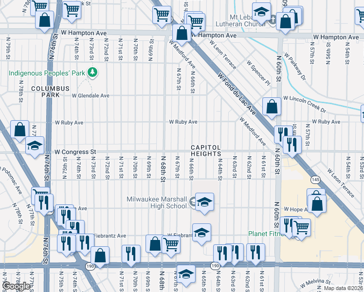 map of restaurants, bars, coffee shops, grocery stores, and more near 4431 North 67th Street in Milwaukee