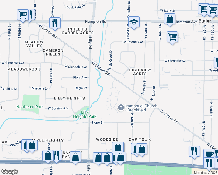 map of restaurants, bars, coffee shops, grocery stores, and more near 13635 West Lisbon Road in Brookfield