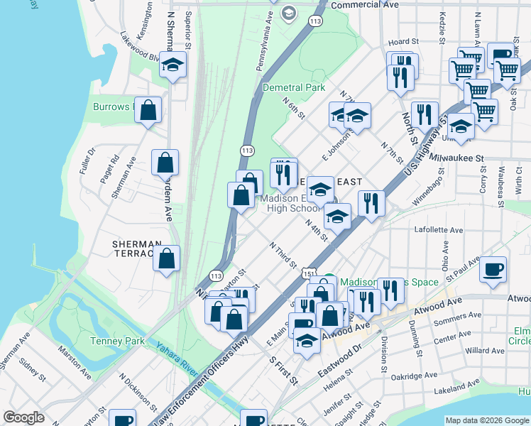 map of restaurants, bars, coffee shops, grocery stores, and more near 2134 East Johnson Street in Madison