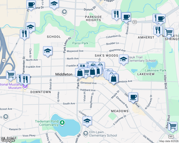 map of restaurants, bars, coffee shops, grocery stores, and more near 6715 Franklin Avenue in Middleton