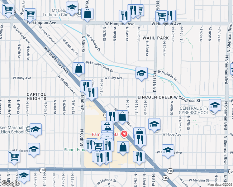 map of restaurants, bars, coffee shops, grocery stores, and more near 4434 North 56th Street in Milwaukee