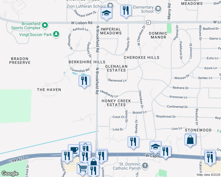map of restaurants, bars, coffee shops, grocery stores, and more near 18655 Glenwood Lane in Brookfield