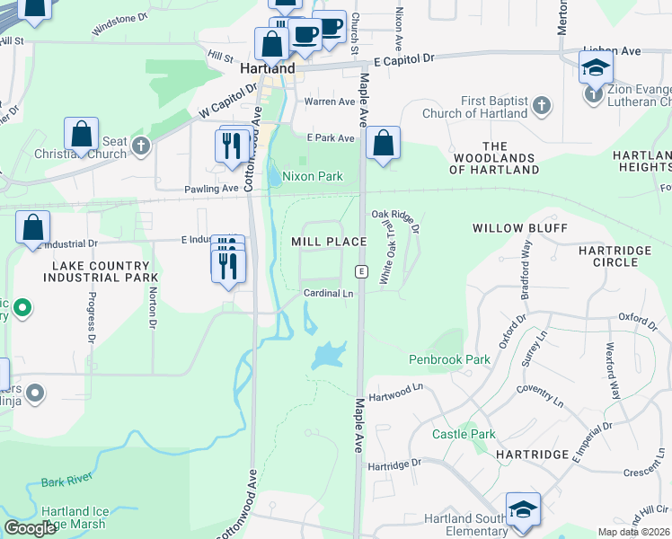 map of restaurants, bars, coffee shops, grocery stores, and more near 205 Harvest Way in Hartland