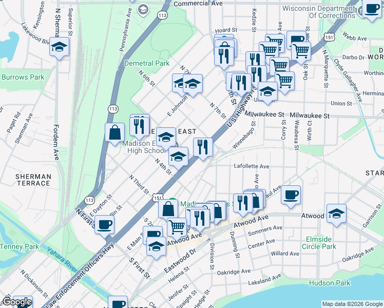 map of restaurants, bars, coffee shops, grocery stores, and more near 2326 East Washington Avenue in Madison