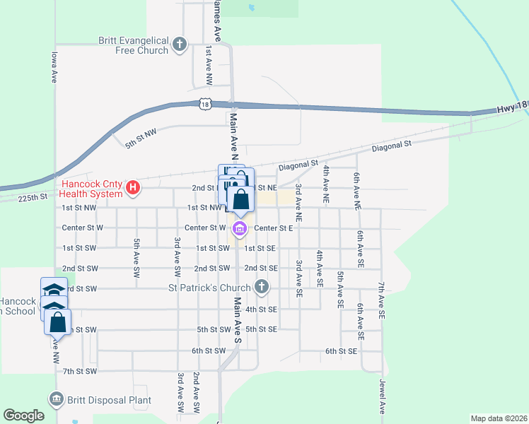map of restaurants, bars, coffee shops, grocery stores, and more near 100-198 2nd Avenue Northeast in Britt