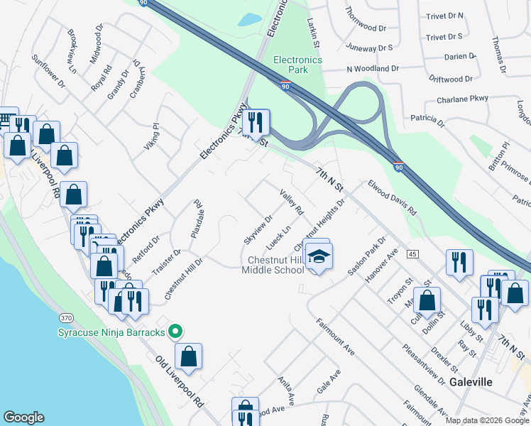 map of restaurants, bars, coffee shops, grocery stores, and more near 205 Skyview Drive in Liverpool