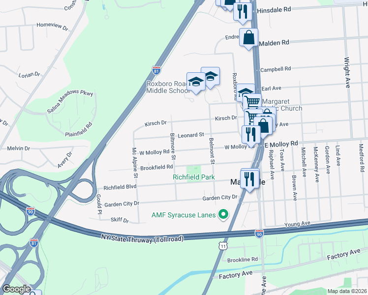 map of restaurants, bars, coffee shops, grocery stores, and more near 223 Leonard Street in Syracuse