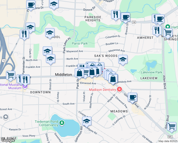 map of restaurants, bars, coffee shops, grocery stores, and more near 6715 Franklin Avenue in Middleton
