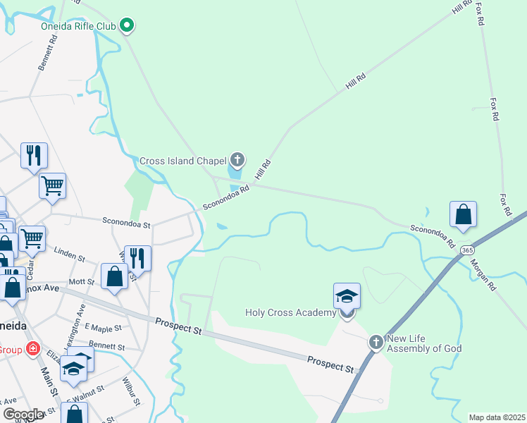 map of restaurants, bars, coffee shops, grocery stores, and more near 3804 Sconondoa Road in Oneida