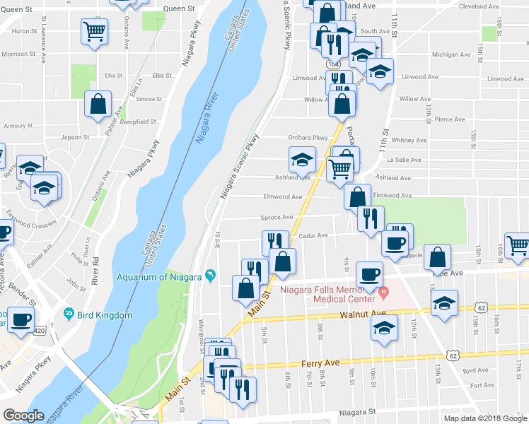 map of restaurants, bars, coffee shops, grocery stores, and more near 374 Spruce Avenue in Niagara Falls