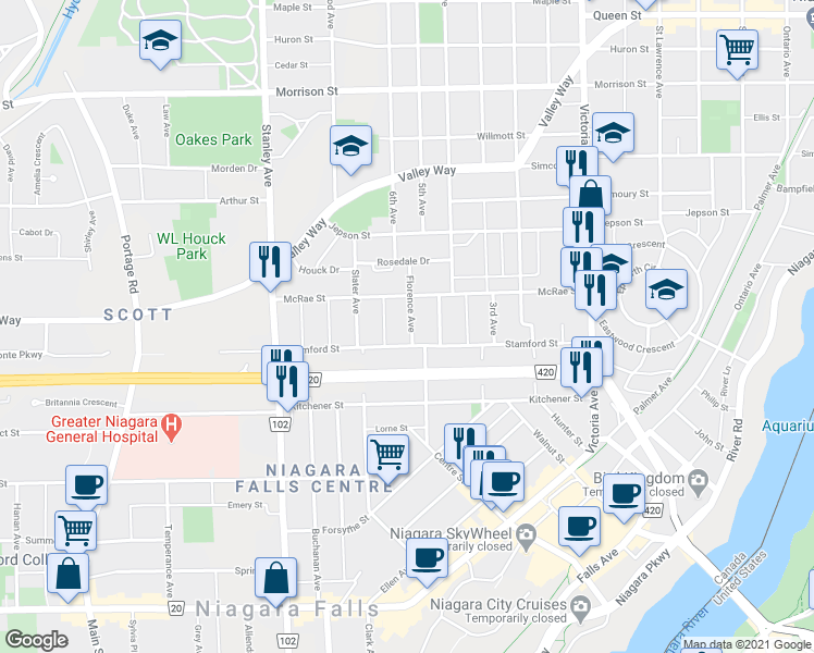 map of restaurants, bars, coffee shops, grocery stores, and more near 5289 Florence Avenue in Niagara Falls