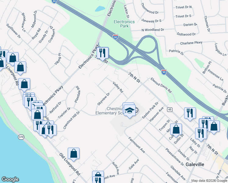 map of restaurants, bars, coffee shops, grocery stores, and more near 205 Skyview Drive in Liverpool
