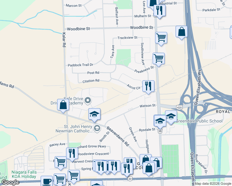 map of restaurants, bars, coffee shops, grocery stores, and more near 7897 Beaverton Boulevard in Niagara Falls